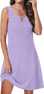 Women Line Sleeveless Neck Keyhole Dress Summer A V Short Hollow Out Eyelet Lace Cute Casual Beach Party Dresses