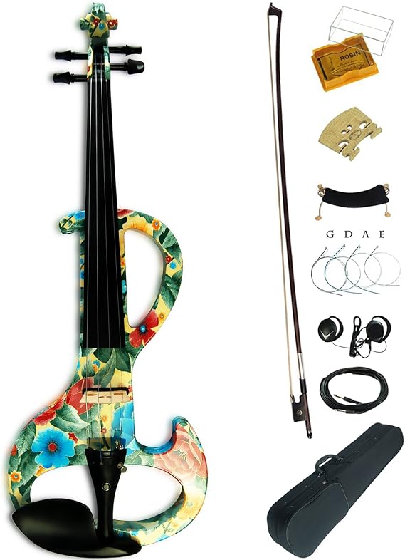 Aliyes Wood Electric Violin Full Size 4/4 Intermediate-A Electric Silent Green leaves&flowers Violin Kit With Case,Bow,Rosin,headphones,Shoulder Rest,Strings(ALDSZA-1102)