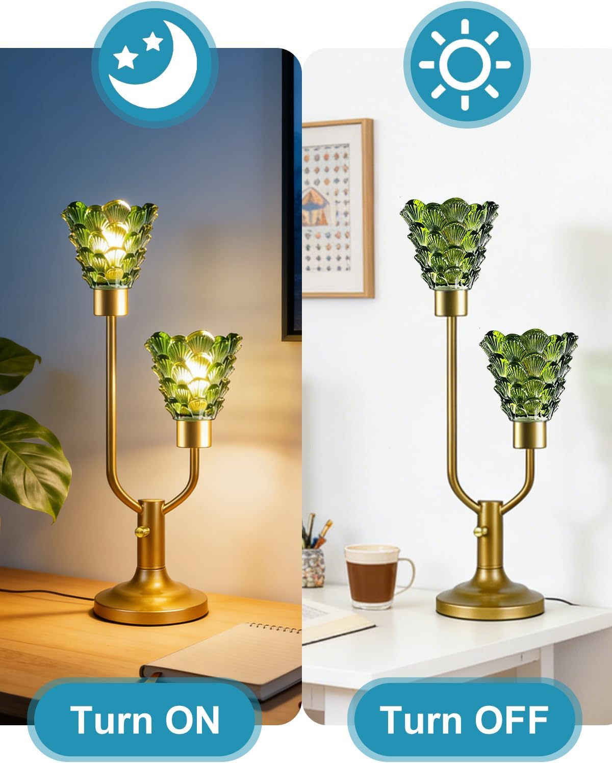 Lightdot Vintage Green Glass Table Lamp for Living Room Dimmable Mid Century Modern Desk Lamp Gold Nightstand Lamp 2 Bulbs Included Warmwhite Ambient Bedside Lamps for Bedroom Home Office Decor Gift