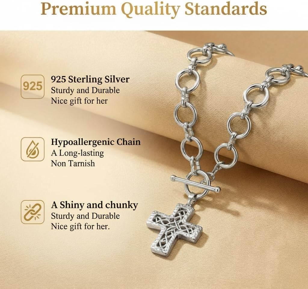 Chunky Cross Necklace for Women, 925 Sterling Silver Chunky Necklace Cross Pendant, Big Cross Statement Necklaces, Statement Jewelry for Daily Wear, Parties, Gifts - Image 5