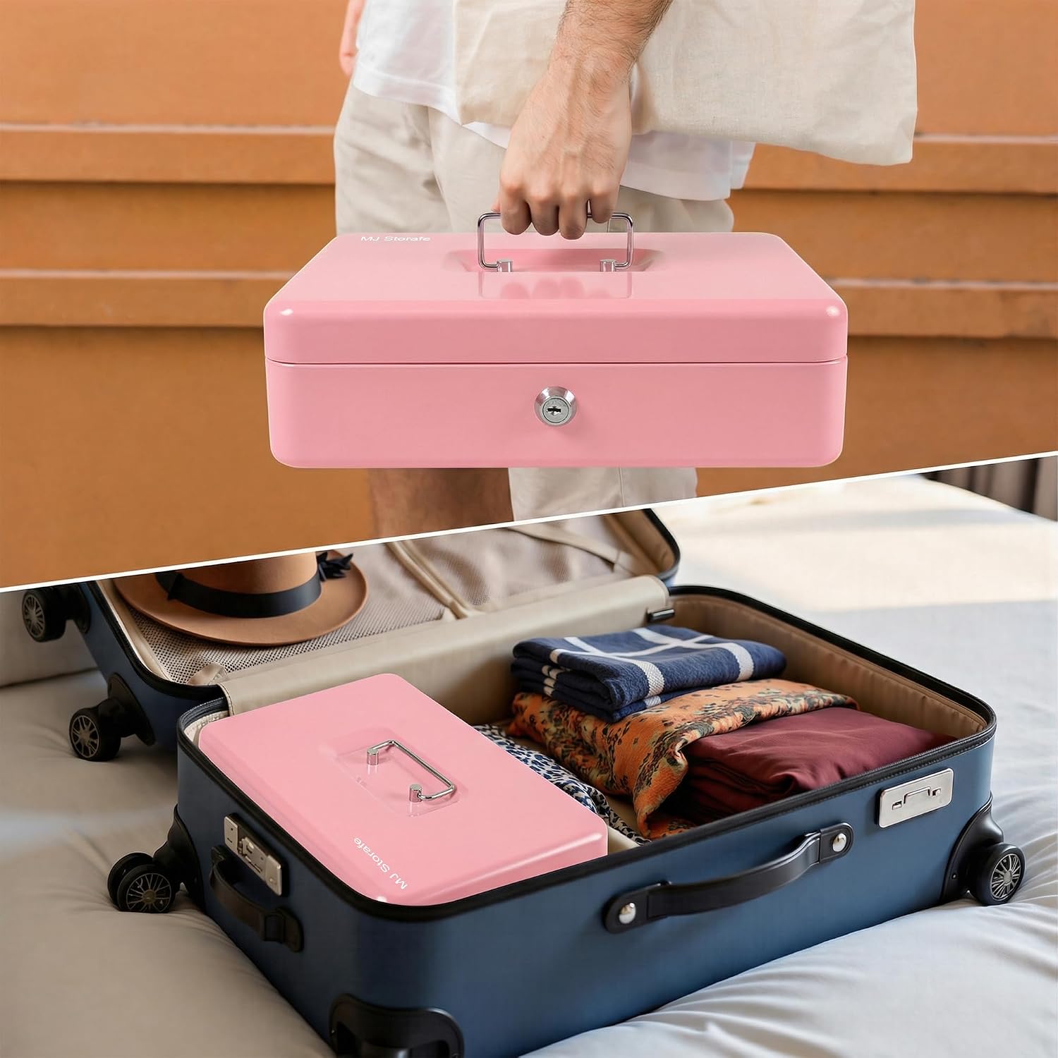 Locking Cash Box with Key Lock and Money Tray, Money Box, Lock Safe Box, Cash Money Lock Safe Box for Cash Register 11.8"x9.45"x3.54" (Pink Key)