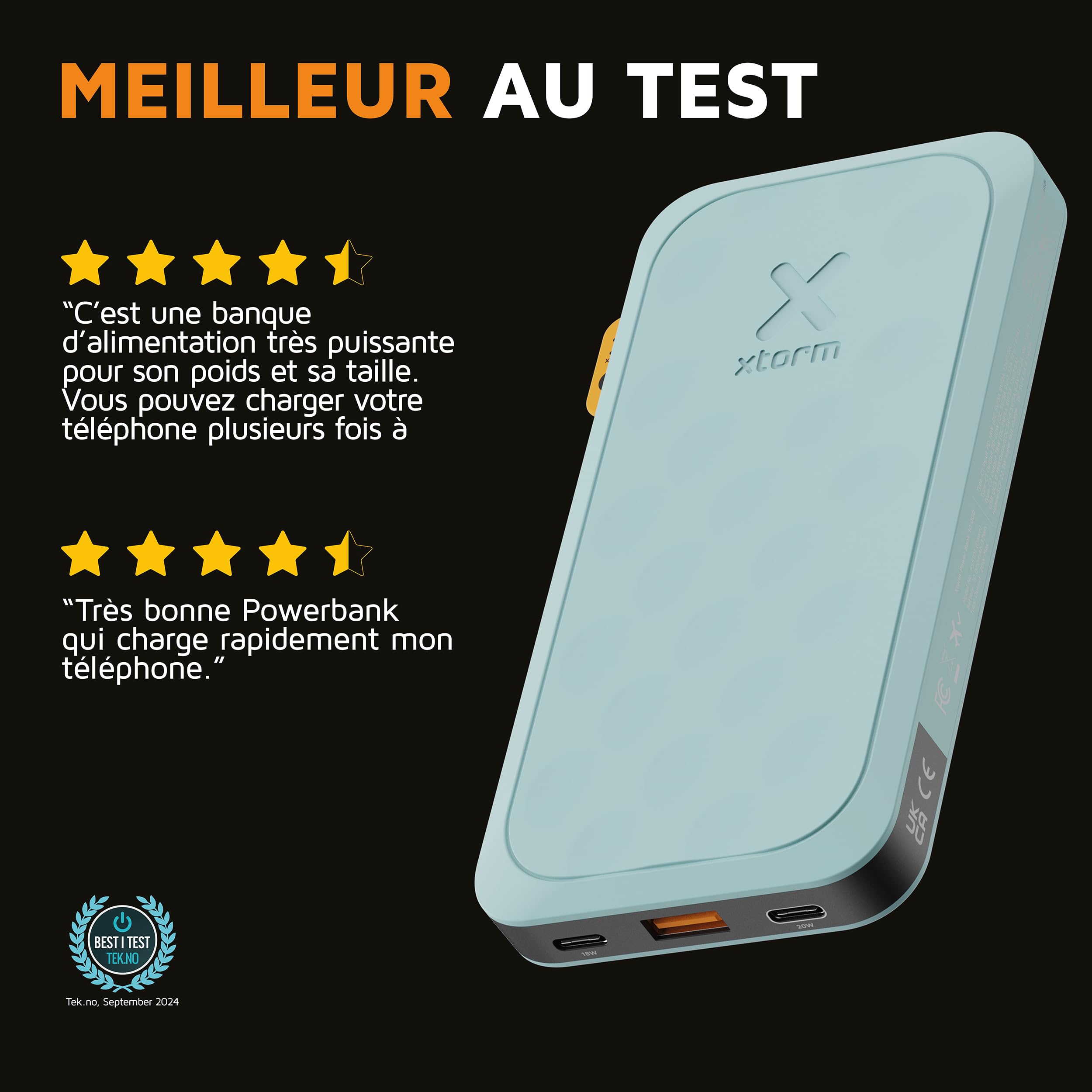 Xtorm Fuel Series 5 Powerbank 20W, 10 000 mAh, 2 x USB-C / 1 x USB-A, Résistant en Avion, Convient pour Samsung et iPhone, Teal Blue