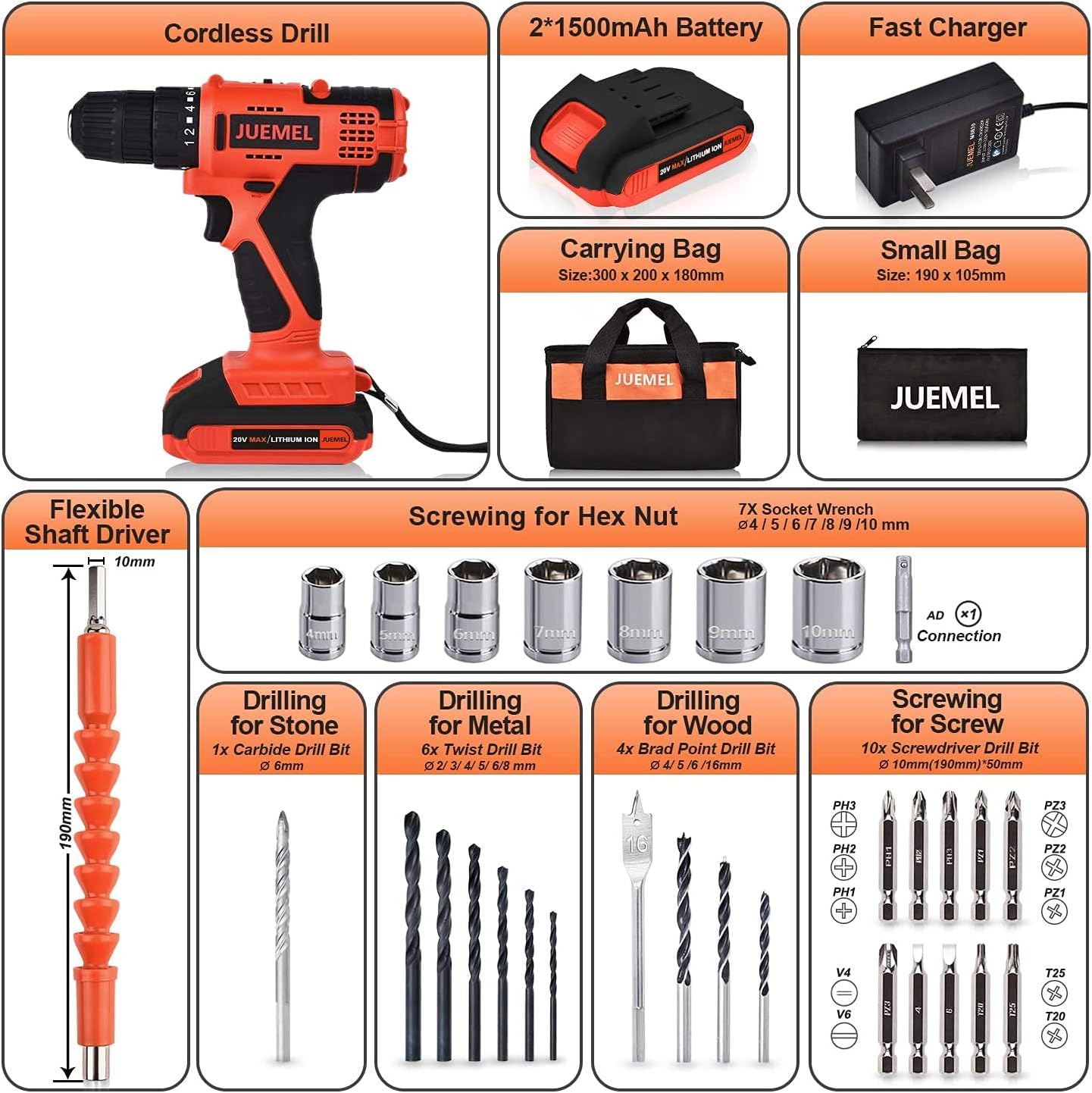 Diagram showing the JUEMEL KZH 1 Cordless Drill and its various components and accessories.