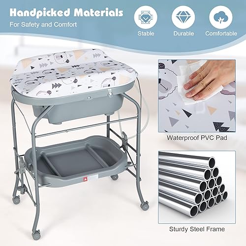 Vista 12 de HONEY JOY Cambiador de pañales para bebé con bañera, estación plegable para cambiar pañales con ruedas, bandeja de almacenamiento, almohadilla