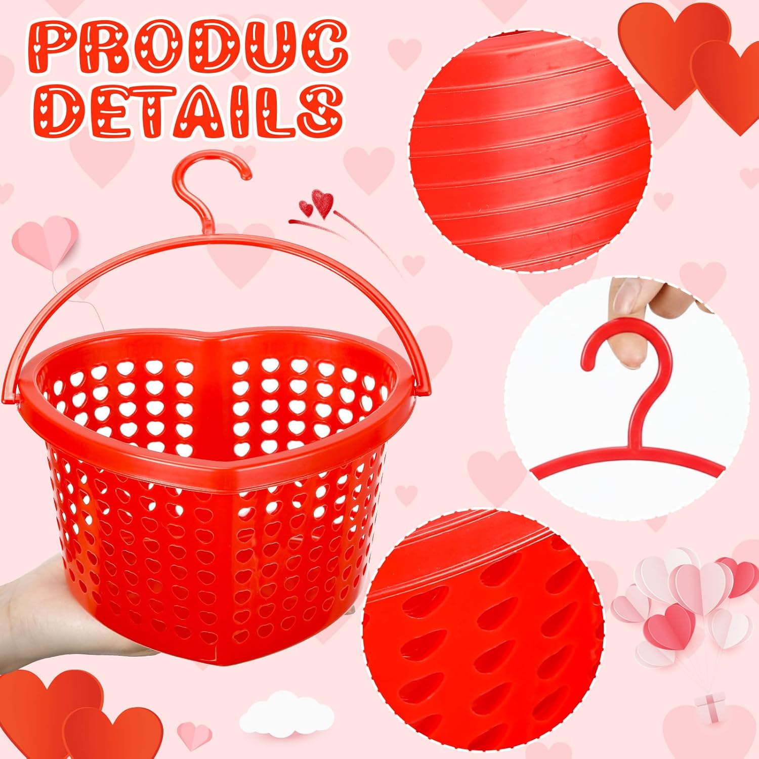 24 Set Valentine's Day Heart Baskets 8"x7"x4" Hollowed Plastic Storage Baskets with Handles for Gift Organizing Home Office Kitchen Birthday Party