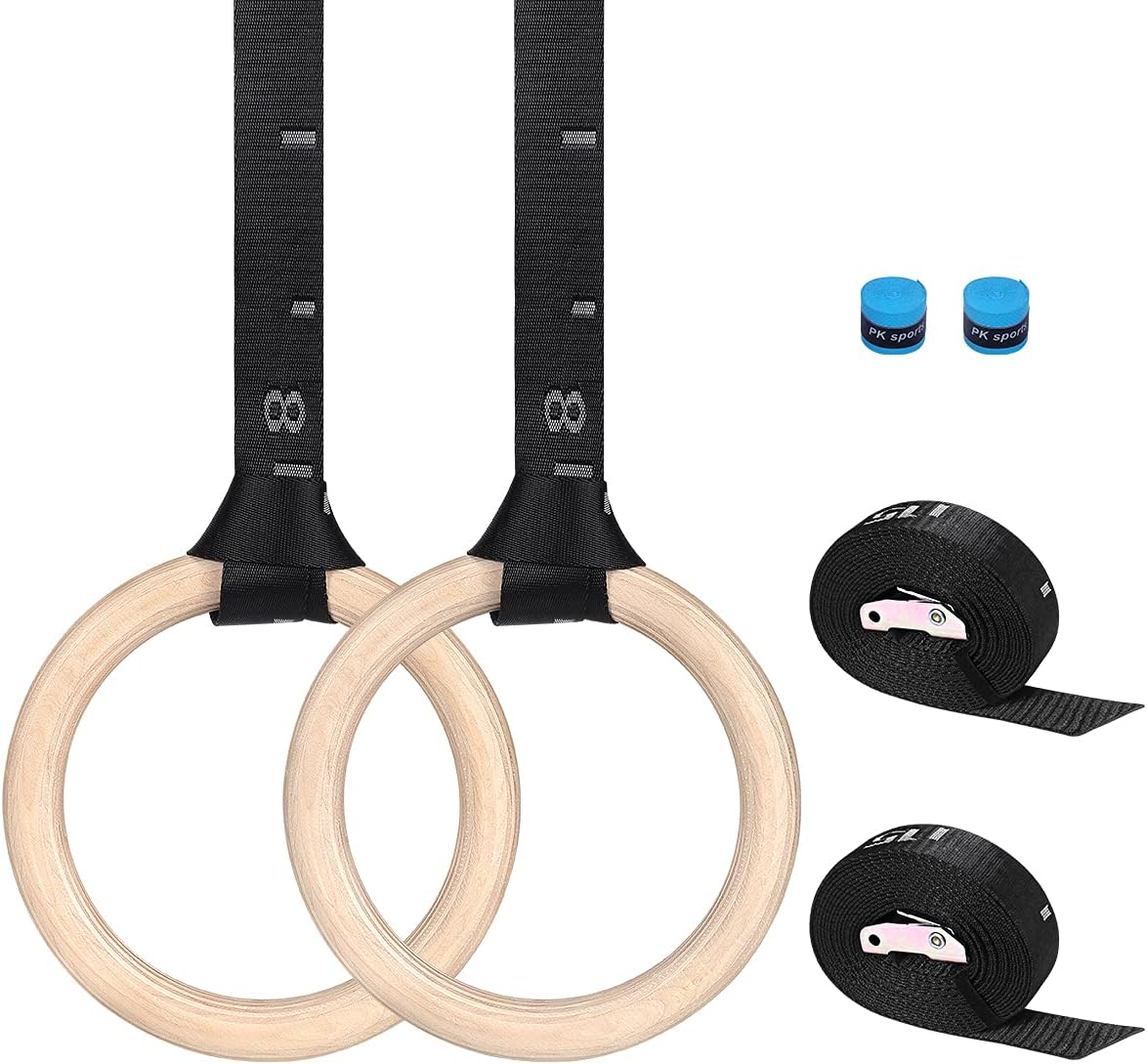 Japace Wooden gymnastics rings, gym rings, training rings with adjustable buckles, straps for indoor and outdoor use, wooden rings, fitness training, ring thickness 28 mm