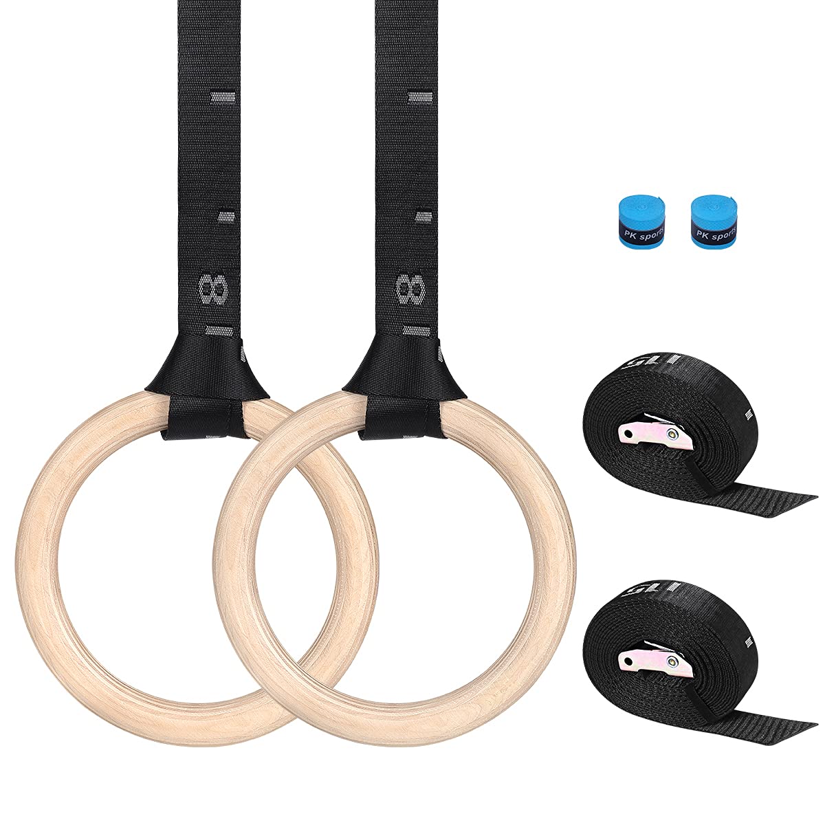 Japace Wooden gymnastics rings, gym rings, training rings with adjustable buckles, straps for indoor and outdoor use, wooden rings, fitness training, ring thickness 28 mm
