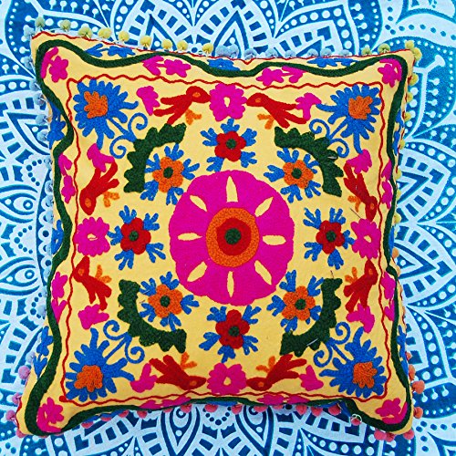 handicraftodpinkcity avec Pom Pom fait main Housse de coussin suzani brodé Ouzbékistan style en laine broderie cadeau de Noël Cadeau pour Elle ou pour Lui haute Fashion Décoration de Noël Cover