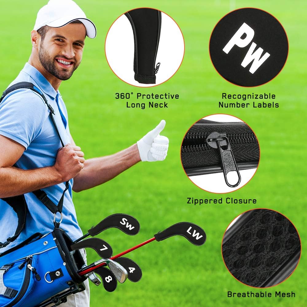 WIOR Golf Club Head Covers, 12Pcs Neoprene Zippered Golf Wedge Iron Covers with Large Number Tags & Long Neck, Protective Mesh Golf Iron Head Covers for Men Women, Fit for Most Standard Irons (Black)