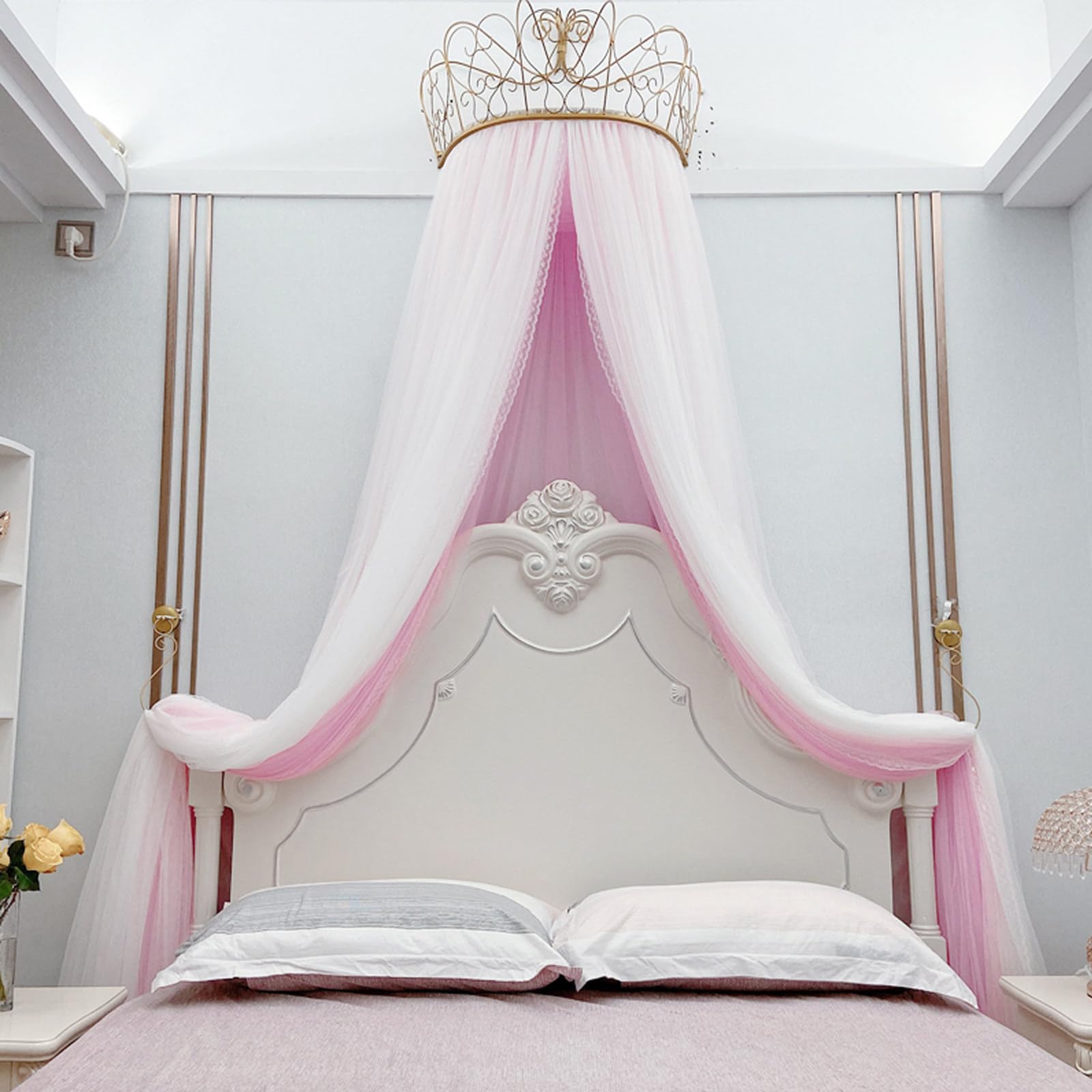 MESCXTY Princess Bed Canopy for Girls & Adults, Elegant Double Layer Curtain with Crown, Romantic Tents Valance(King to California King, Hot Pink)