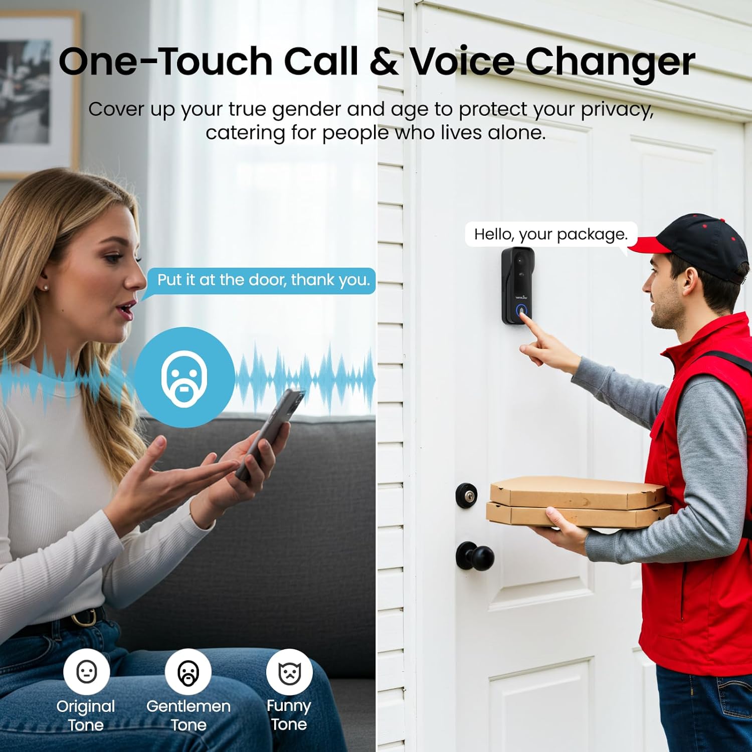 A person speaking into a smartphone with voice changer options, and a delivery person pressing the doorbell button.