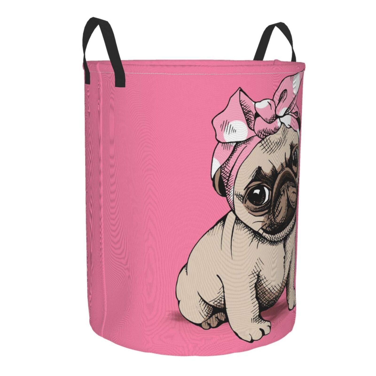 Delerain Cute Pug Laundry Basket, Waterproof Laundry Hamper with Handles, Collapsible Toy Bins Dirty Clothes Round Storage Basket for Home Bathroom Office Nursery, 16.5X13.8(S)
