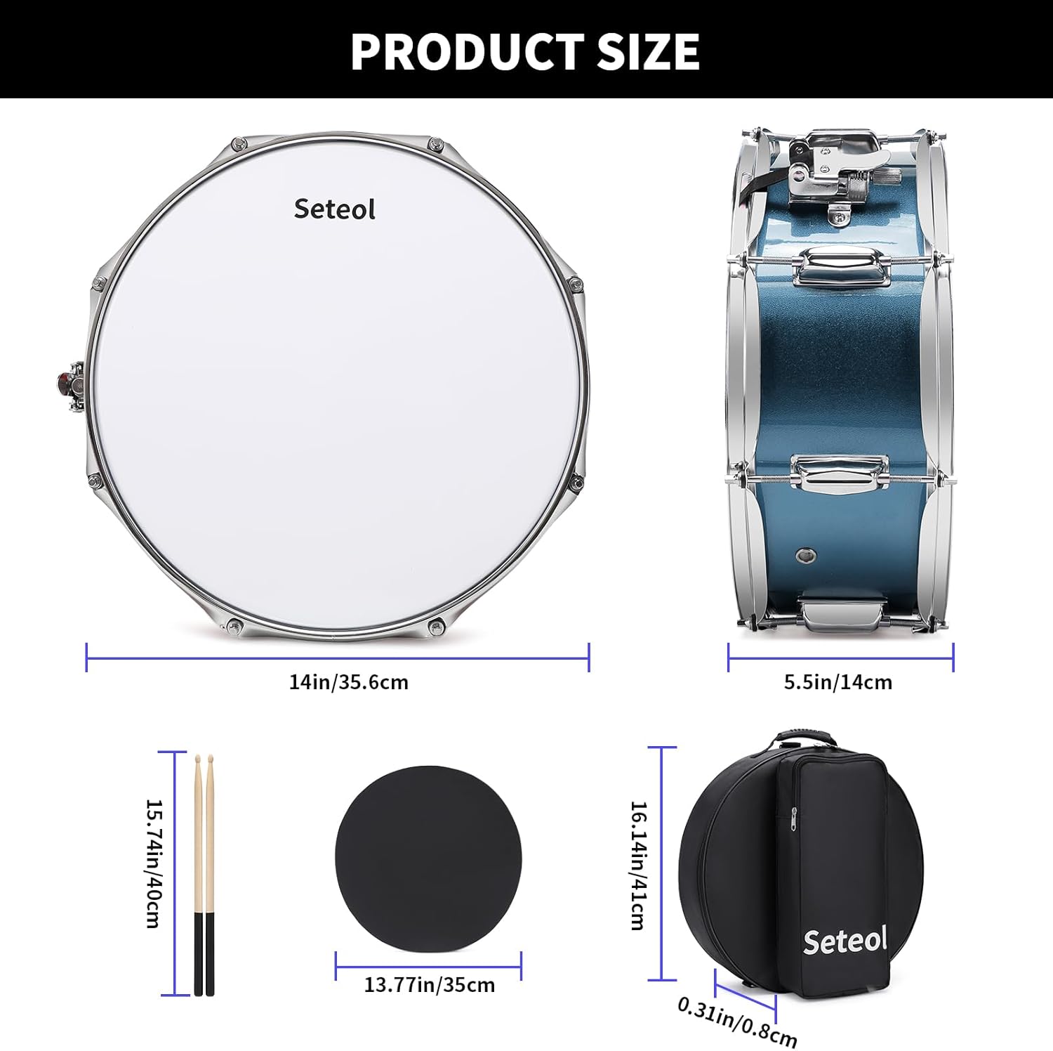 Snare Drum Kit, 14" x 5.5" Marching Snare Drum + Storage Padded Bag + Silent Mute Pad + A Pair Of 5A Drumsticks + Drums Key, Portable Drums Hardware Set for Adults (Blue)