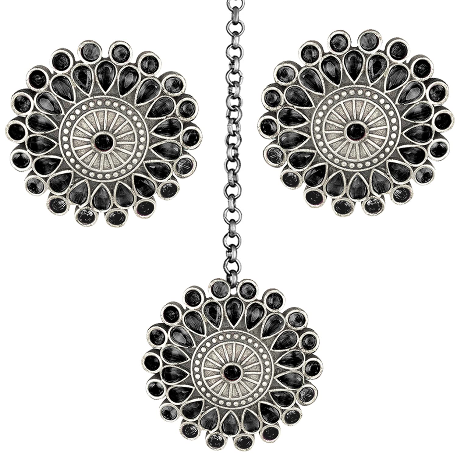 Peora Traditional Antique Oxidised Silver Plated Black Stone Earrings Maang Tikka Set for Women Girls (B09QCXZXKG) Amazon Price History, Amazon Price Tracker