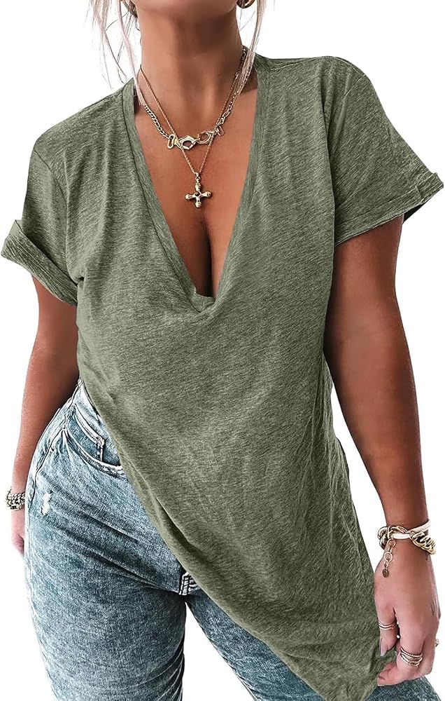 MERRIMISS Womens Deep V Neck Tops Summer Short Sleeve Oversized T