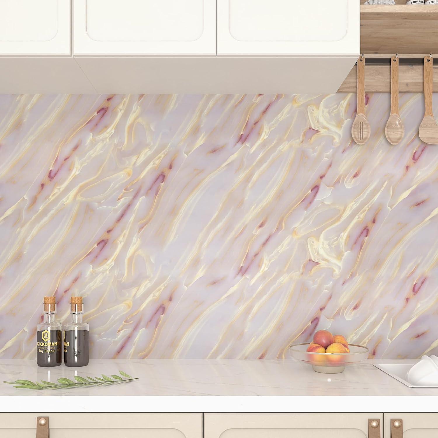 15.7"x472" Gold Pink Marble Contact Paper Peel and Stick Countertops Waterproof Matte Marble Wallpaper Pink Vinyl Wrap for Cabinet Removable Countertop Contact Paper for Bathroom Desk Shelf