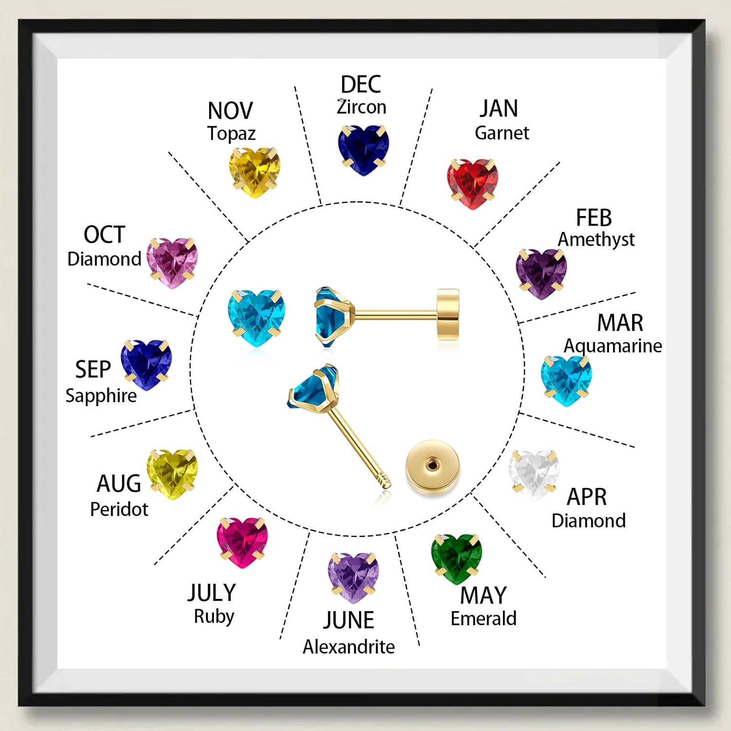 Heart Flat Back Stud Earrings for Women Girls, 5mm Birthstone Stud Earrings Hypoallergenic Stainless Steel Cartilage Earrings Brilliant Handmade Screw Back Earrings - Image 8