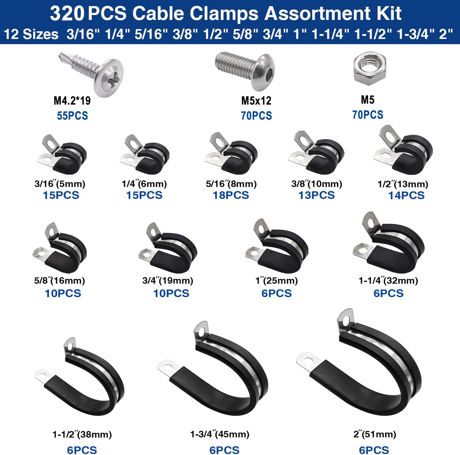 Taiss 320PCS Cable Clamps Assortment Kit 304 Stainless Steel Rubber Cushion Pipe Clamps 12 Sizes 3/16" 1/4" 5/16" 3/8" 1/2" 5/8" 3/4" 1" 1-1/4" 1-1/2" 1-3/4" 2" Wire Clamp(With two kinds of screws)