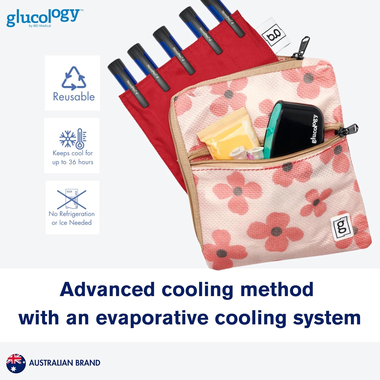 Glucology Insulin Cooler Wallet XL for 5 Pens – Keeps Medication Cool for 36+ Hours | Travel Essential with Front Pocket for Diabetes Supplies | No Ice or Batteries Needed | Zipper Wallet - Flowers