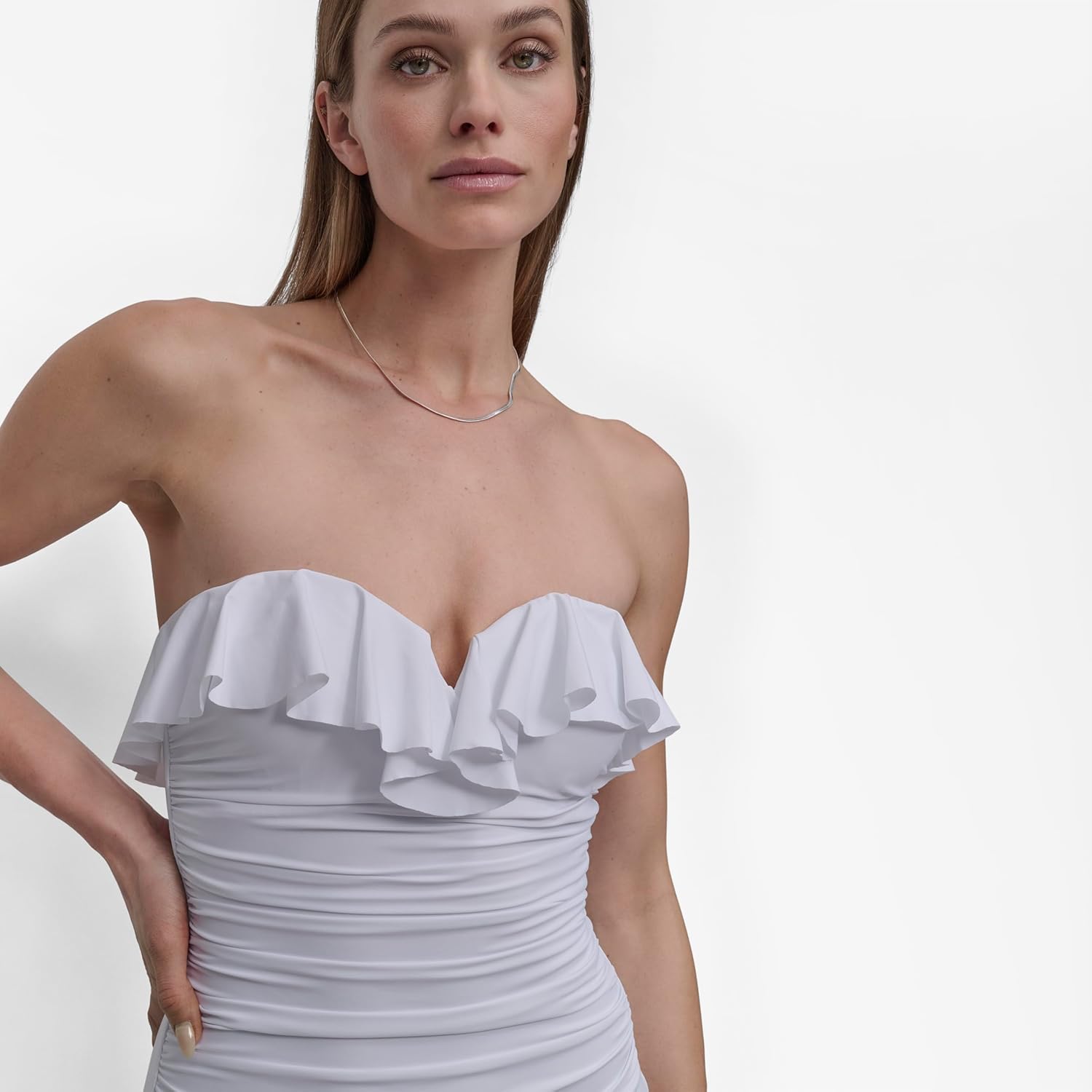 DKNY Womens Pin-up Ruffle Bandeau One Piece Swimsuit with Tummy Control - Image 3