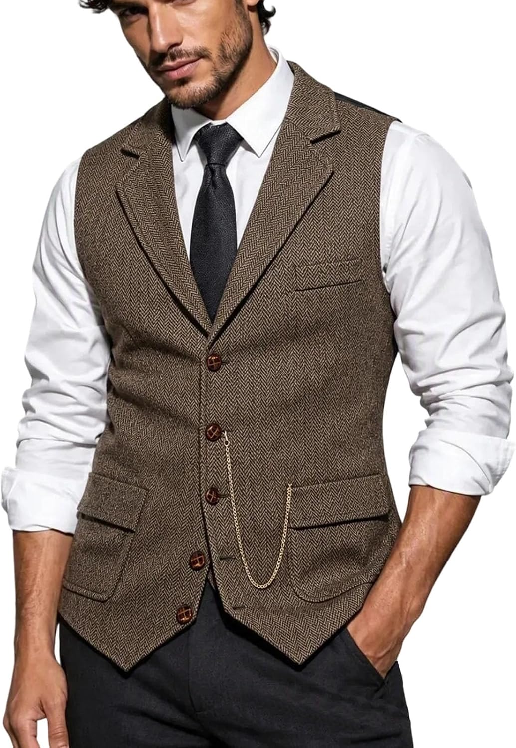 Men's Herringbone Vest Lapel Button Front Vintage Chain Waistcoat
