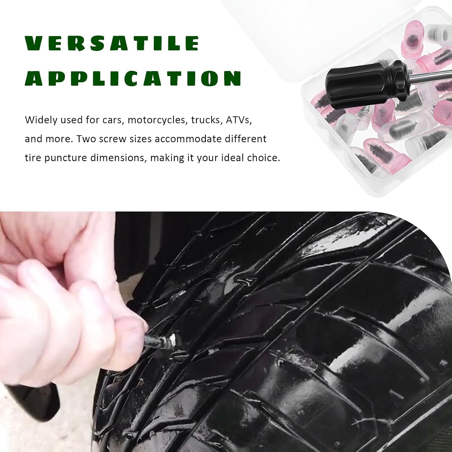 Tire Repair Nails Kit, Self Sealing 2 Sizes Tire Repair Spiral Nail Plugs with Box & Screwdriver, Self-Service Vacuum Tires Puncture Rubber Screws for Car Tractor Truck