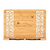 MEGREZ Book Stand for Reading (13.2 x 9.4 inch) Bamboo Cookbook Stand Holder for Kitchen, Adjustable Book Holder Stand for Tablet/Textbook Holder/Hollow Bookrest Stand, God is Within her