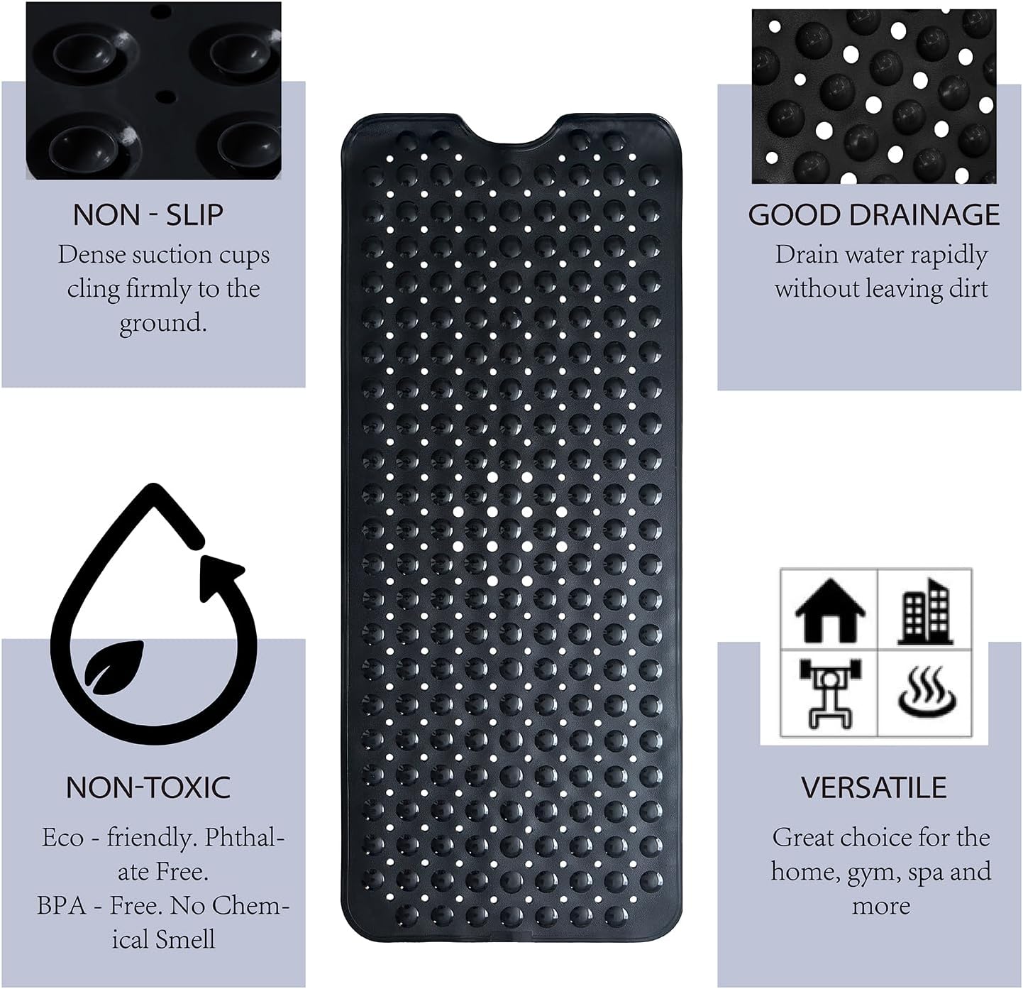 Non-Slip Bath Tub Mat, Extra Large 40x16 Inch Shower Mat with Suction Cups & Drain Holes, Quick Dry Soft Mat for Bathroom Floor Safety, Bubble Style, Black