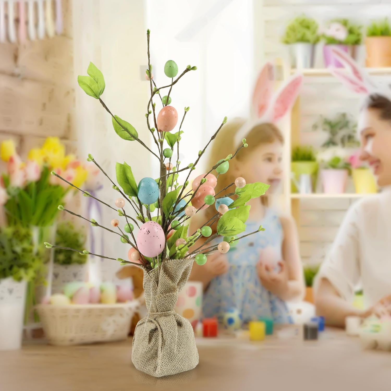 Easter Tree Decoration with LED Lights for Home Spring Decor Tabletop Decor Artificial Flowers with Battery Operated Lights-(Egg)