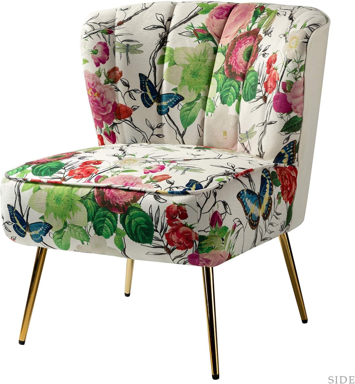 TINA'S HOME Armless Accent Chair with Gold Metal Legs, Comfy Tufted Floral Fabric Living Room Chair Wingback Small Side Chair, Upholstered Slipper Chair for Bedroom, Reading Room (Print Flower, IVORY)