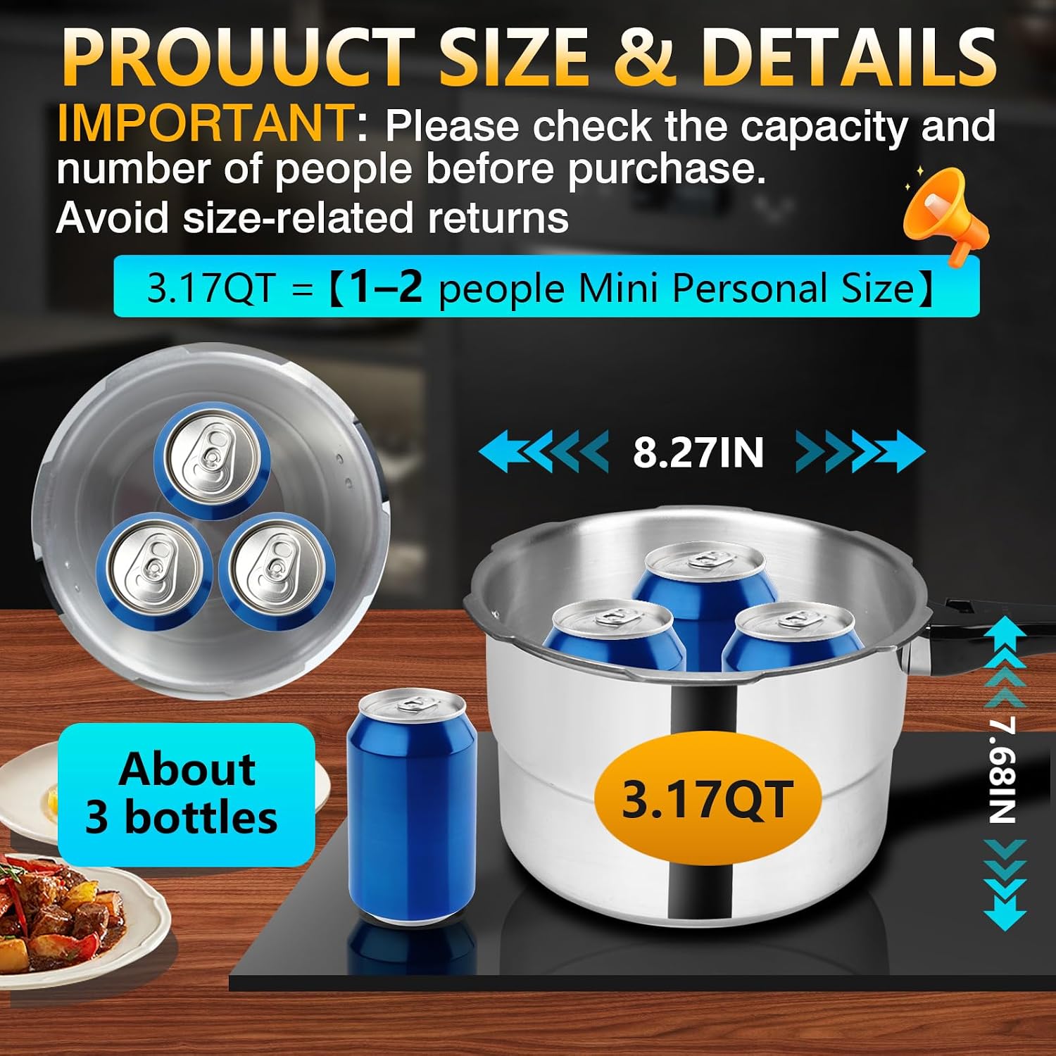 Mini Aluminum Pressure Cooker 3.17Qt / 3L, Small Compact Pressure Pot for Small Kitchens, Dorms, RVs, Fast Cookware for Gas Stove Induction Cooktop
