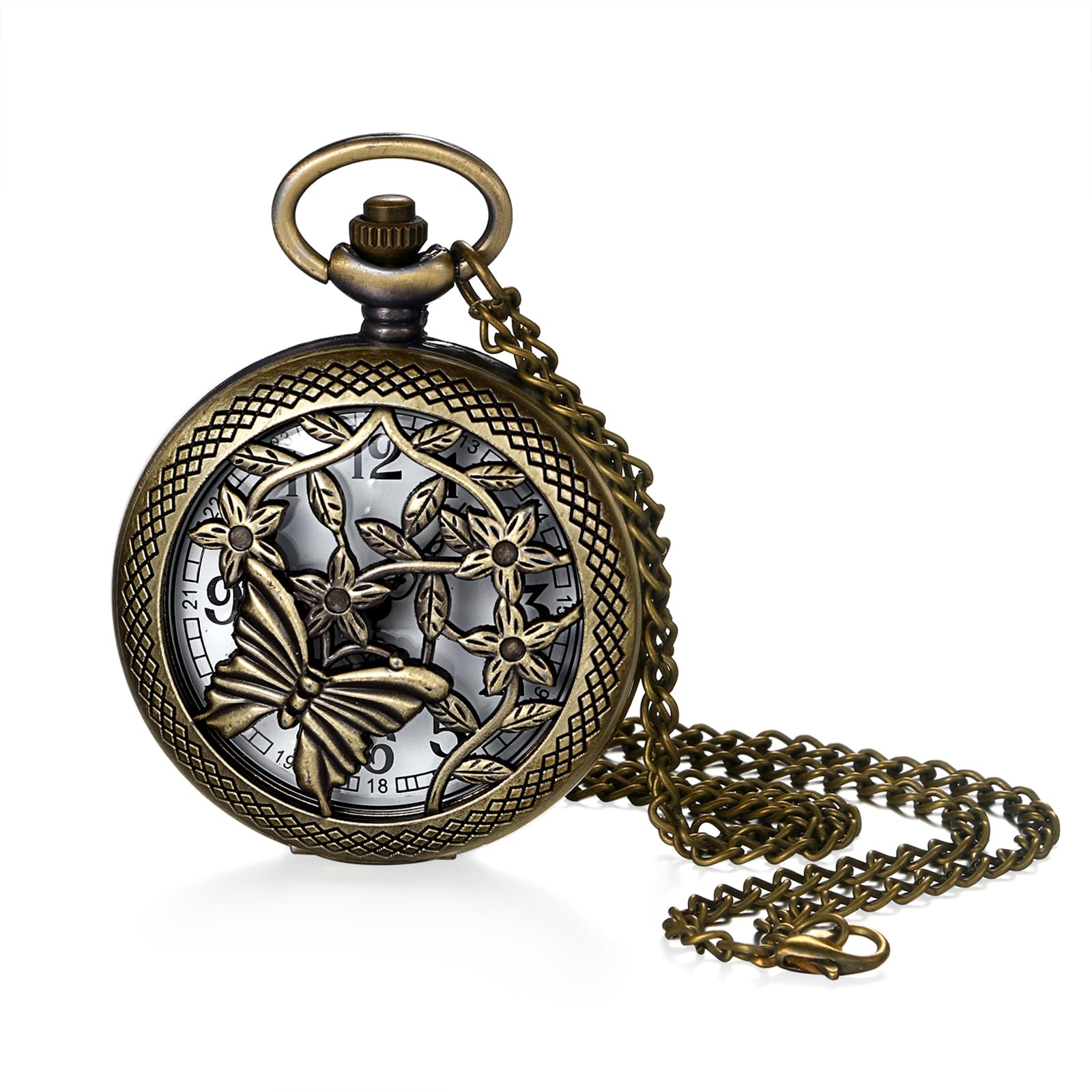 JewelryWe Vintage Butterfly Pocket Watch: Retro Design Bronze Flower Openwork Cover Quartz Pendant Necklace Watches with Chain for Xmas for Mother's Day