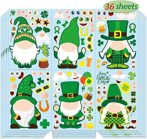 36 hojas de calcomanías para el día de San Patricio para niños, haz tu propio duende de la suerte, trébol de la suerte, suministros de regalo para