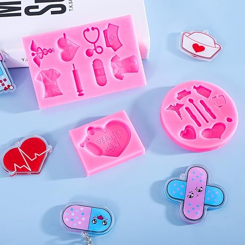 Miniatura 5 de Whaline 3 moldes para fondant de graduación de enfermera, estetoscopio 3D, moldes de silicona 3D, termómetro de patrón médico, molde de resina,