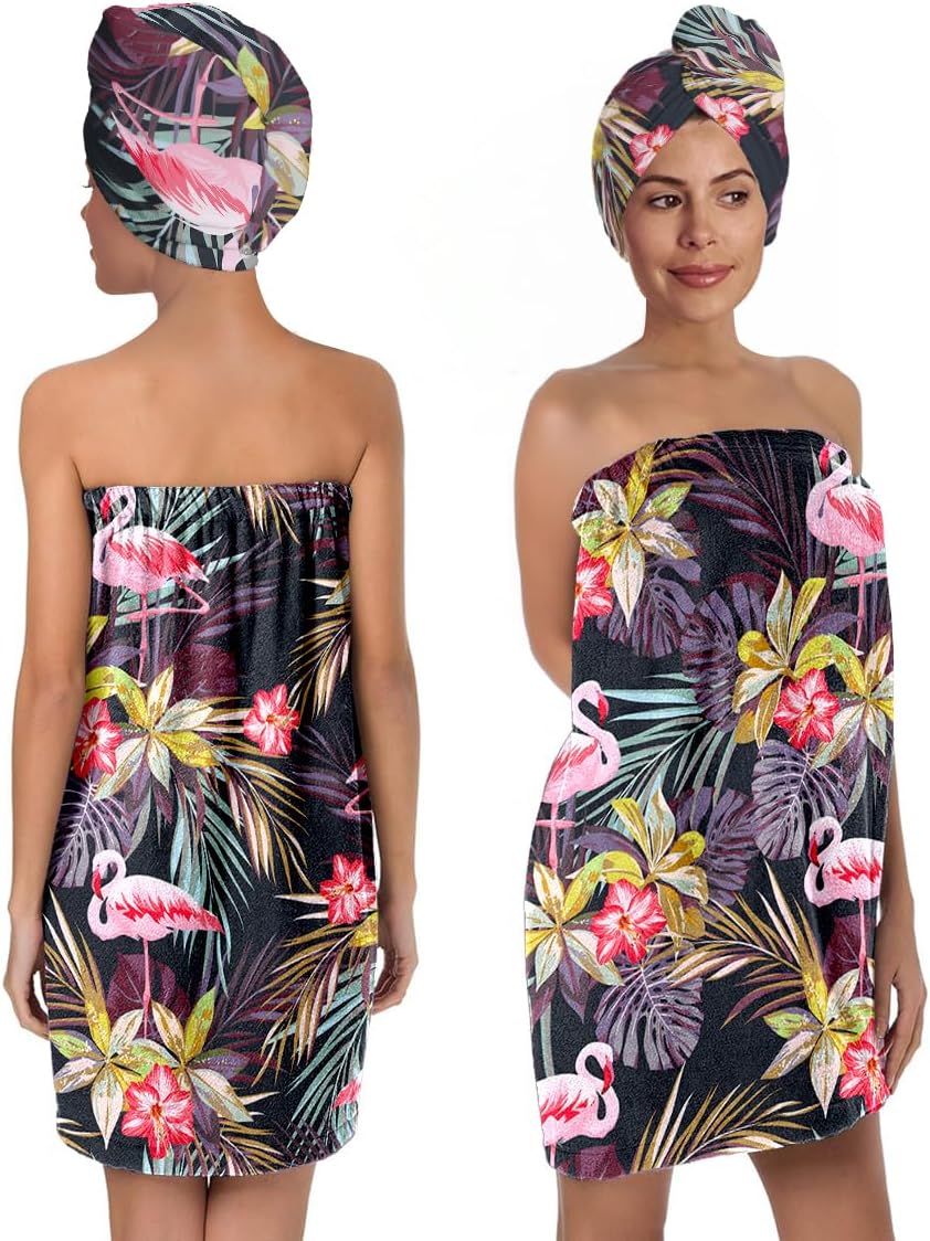 Flamingo Palm Leaves Print Body Bath Towel Wrap & Hair Towel Wrap for Women Girls, Soft Bath Shower Wrap & Hair Drying Towel Set, Quick Dry, Absorbent, Suitable for Spa, Shower, Bath, Gym, Pool (FP3)