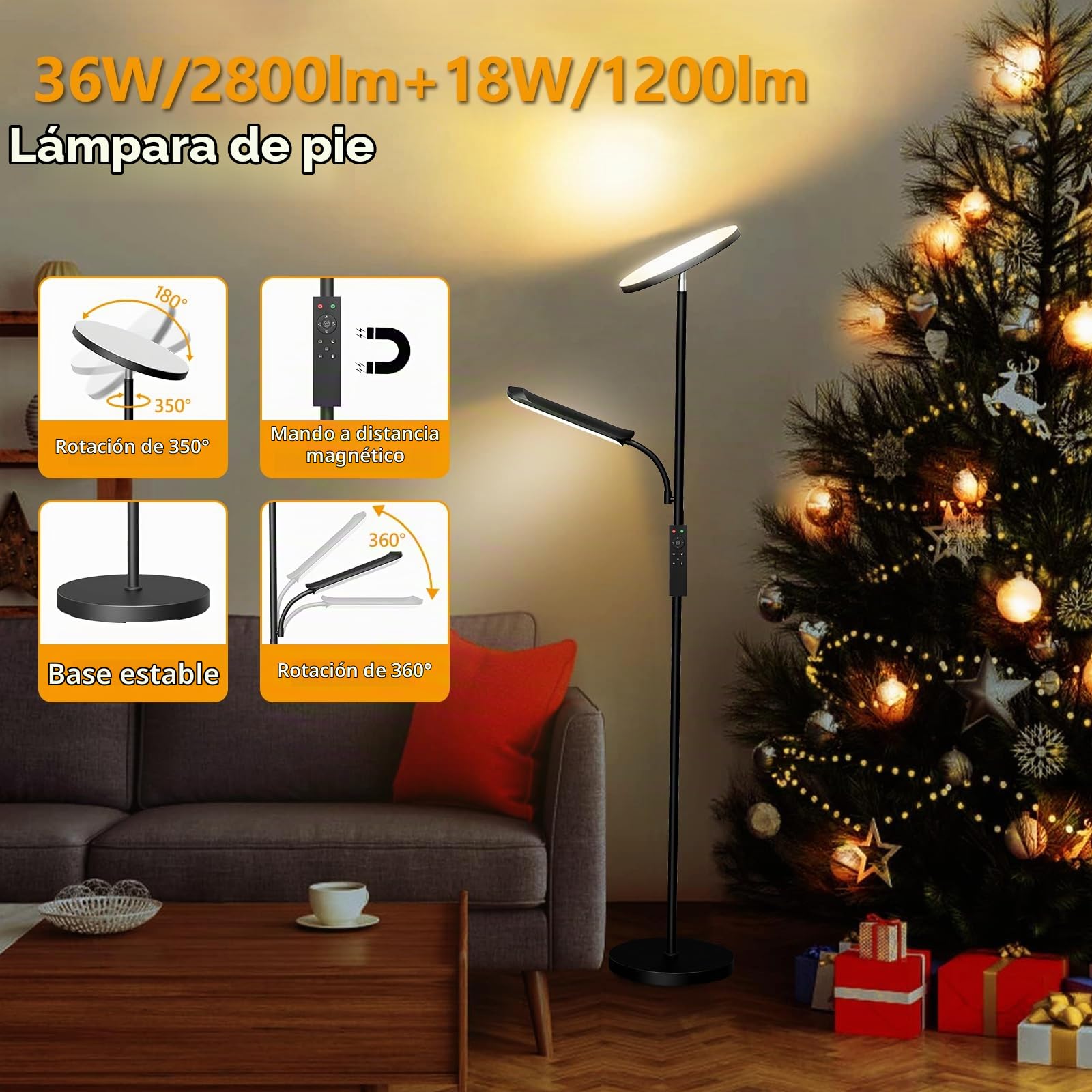 Lámpara de Pie LED Regulable 42W 4000LM, LED Lámpara de Pie Salon con Lámpara de Lectura, Control Remoto y Táctil, Ajuste Temperatura de Color y Brillo