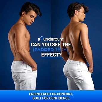 Rounderbum Men's Padded Underwear Boxer Briefs with Removable Butt Enhancing Pads - 4 Colors - More Volume Instantly