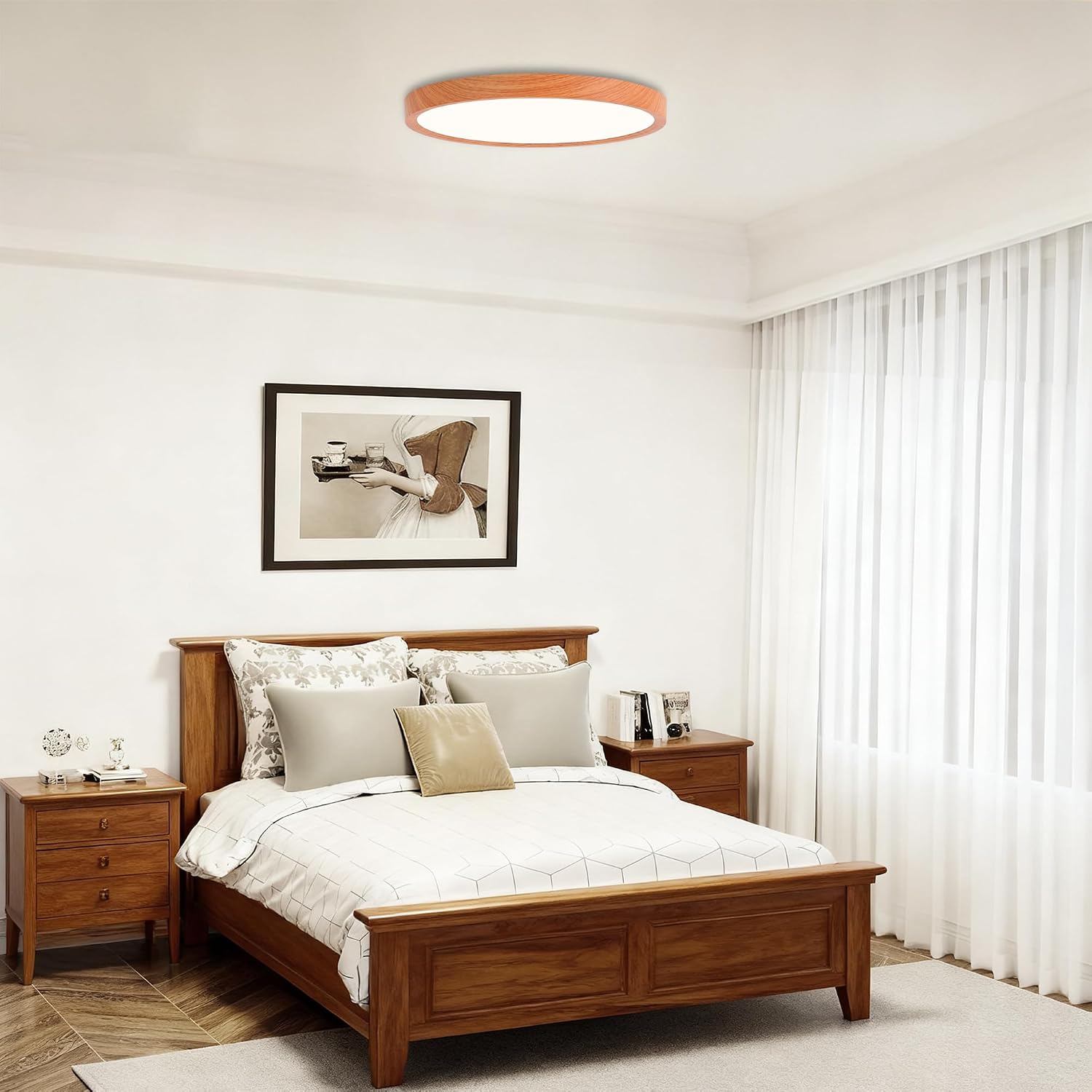 Light Fixtures Ceiling Mount: 12 Inch 24W Wood Grain LED Ceiling Light，Flat Round Lights for Laundry Bedroom Closet Hallway - Walnut Set of 2