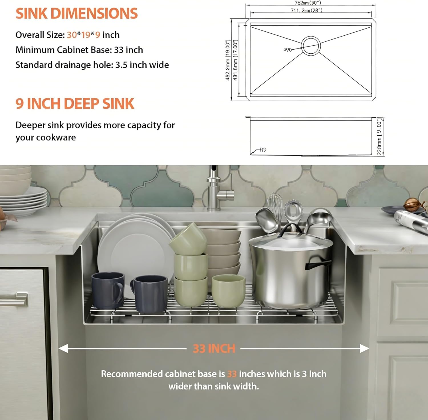 30 Undermount Sink Stainless Steel- Fuyuoer 30 Inch Kitchen Sink Workstation 16 Gauge Stainless Steel Single Bowl Round Corner Handmade Deep Basin Kitchen Sinks, 30x19x9 Inch
