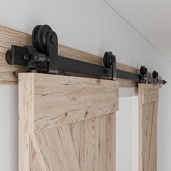 Herrajes Puertas Correderas Doble 325cm Rieles Kit Puerta Corredera Negro para 2 Puerta Corredera Madera 81cm Ancho, Pequeña Rueda T-forma - 1