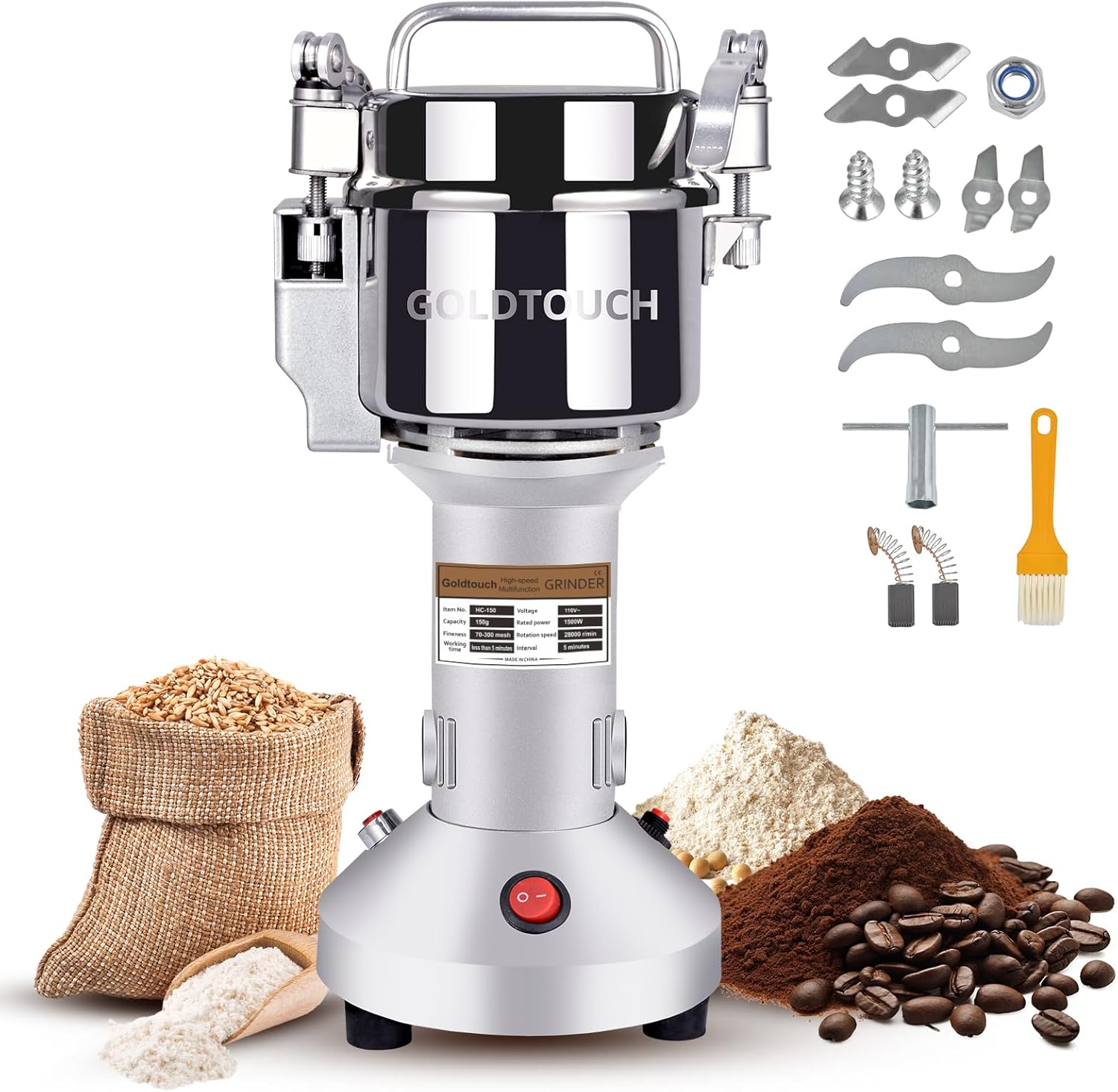 Goldtouch 150g High Speed Electric Grain Mill Grinder, 1500W 110V Stainless Steel Flour Mill Makes Gluten Free Flours, Grain Mill for Home and Commercial Use
