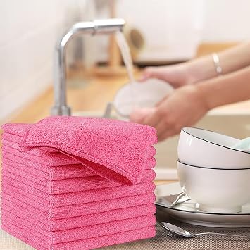 Microfibre Cleaning Cloth, Microfiber Reusable Dish Cloths Kitchen Towels, Pack of 10 Pink 30cm x 30cm