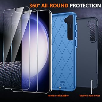 تم تصميم SPIDERCASE لحقيبة Samsung Galaxy S23 ، [10 FT Military Grade Drop Protection] ، 2 Pack [حامي الشاشة الزجاجي المقسى + حامي عدسة الكاميرا] حالة مقاومة للصدمات الثقيلة ، أزرق داكن