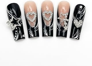 Nails Press Ons, 24Pcs Black Fake Nails With Designs Long Square Silver Star Bling Tips Junk Style Baddie Press On Set For Party DIY Manicure Including Jelly Glue And Mini File