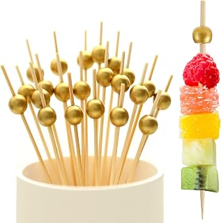 400 PCS Fancy Cocktail Picks, PEOUWNES Toothpicks for Appetizers, 4.7 Inch Bamboo Cocktail Sticks Skewers, Gold Pearl Mini Food Picks for Drinks, Fruit, Sandwich Burgers, Charcuterie, Wedding, Party