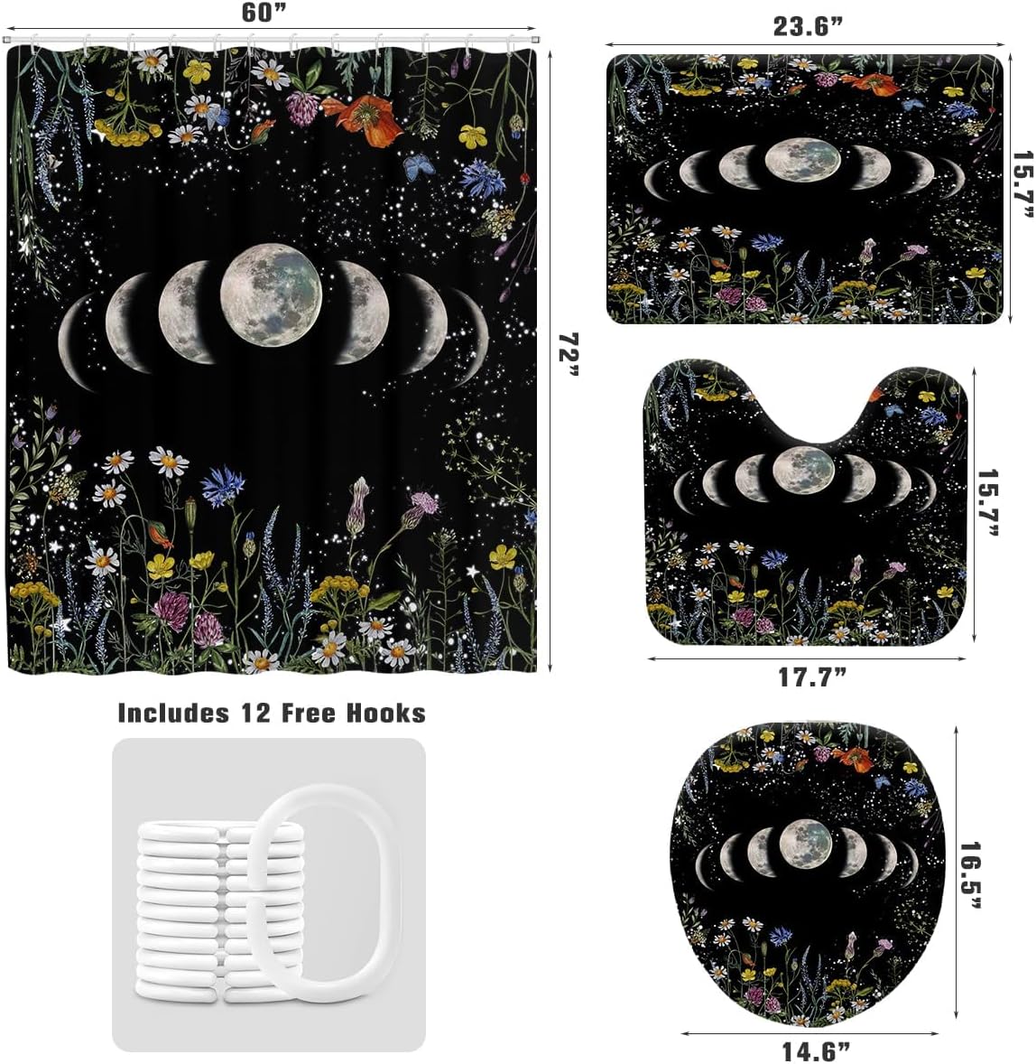 Black Gothic Shower Curtain Set Moon Phrase Goth Witchy Dark Celestial Floral Flower Space Stars 4 Pcs Toilet Lid Cover Non-Slip Rugs for Bathroom Decor Bath U Shape Mat Accessories