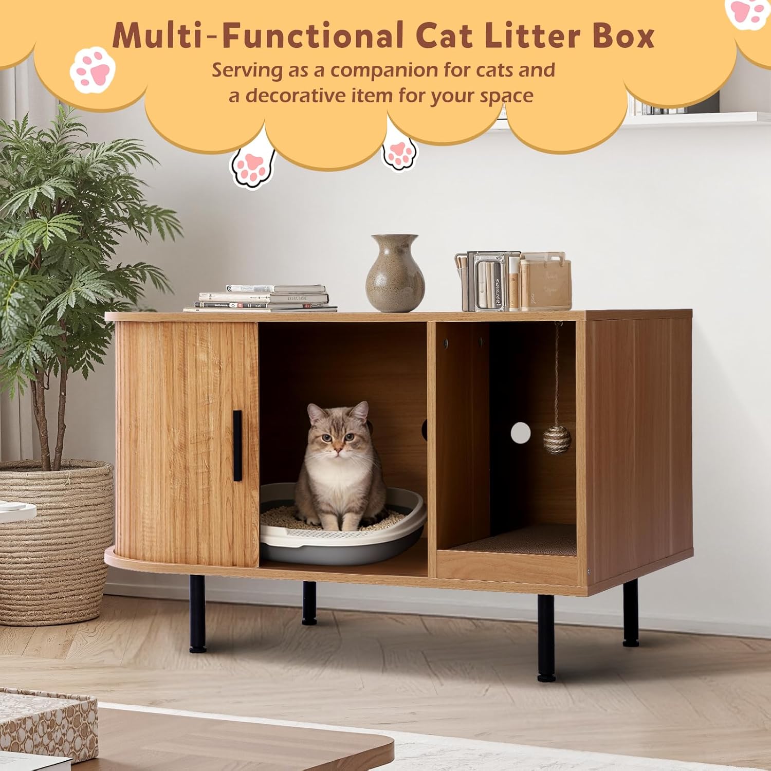 Cat Litter Box Furniture, Hidden Litter Box Cabinet with Cat Scratch Pad and Ball, Wooden Cat House Enclosure for Living Room, Bedroom, Entrance (Natural, 37.4" L x 16.6" W x 21.7" H)