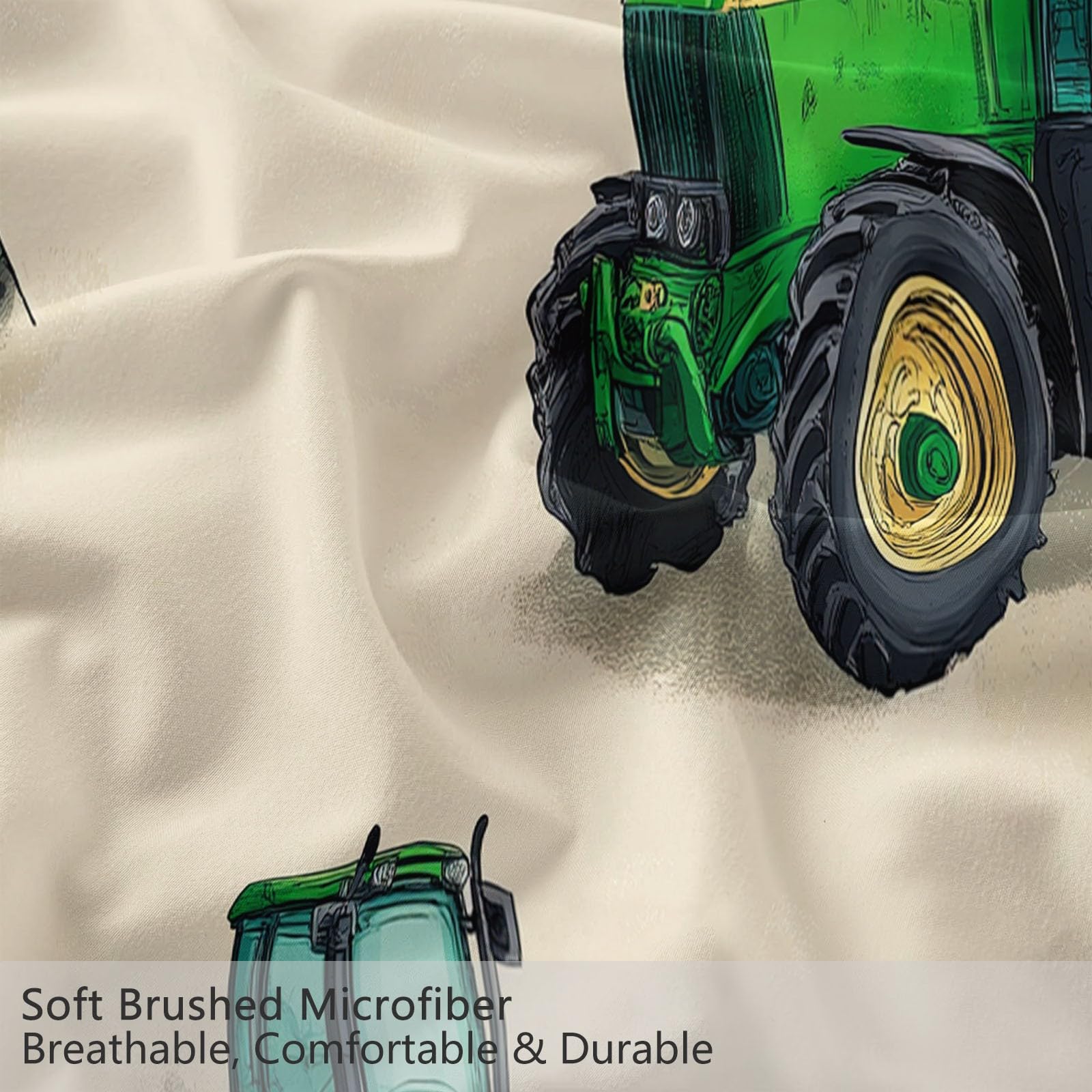 Juego de Funda Nórdica 3 Piezas para Cama 105 - Funda Edredón Reversible 180x220 cm Tractor Verde De Dibujos Animados, Ropa de Cama Beige para Cama Individual y Matrimonio