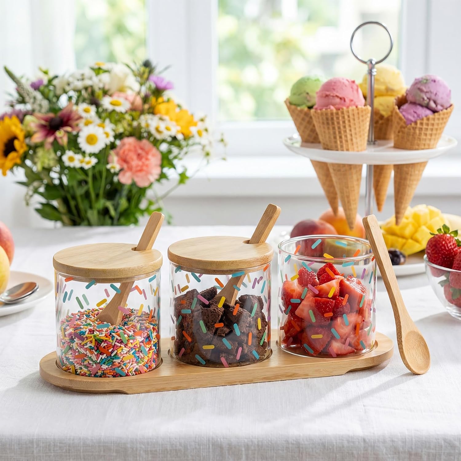 Mimorou Ice Cream Bar Supplies 3 Pcs 10 oz Ice Cream Toppings Container Glass Jars with Lids and Spoons Candy Condiment Bowl with Base for Summer Holiday Sugar Cookies Treat Storage Party Accessories Small Ice Cream