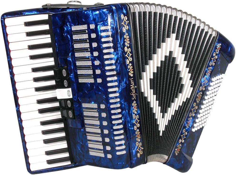 SofiaMari SM3472 Accordion Package: 34 Key, 72 Bass, Piano Accordion, Trolly Case and Leather Straps (Dark Blue Pearl)